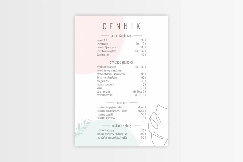 Druk cenników dla branży beauty i salonów kosmetycznych